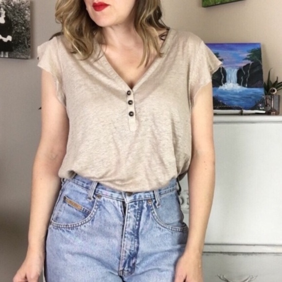 H&M Tops - H&M Linen Oatmeal Flutter Sleeve Henley Style Top